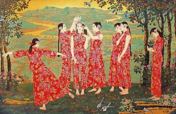 中国 Painting - カントリー ガールズ アンティーク チャイニーズ
